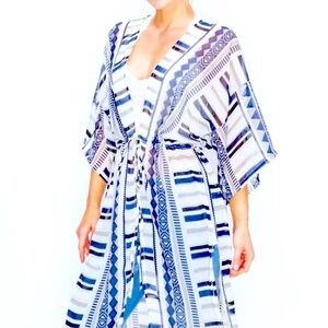 Women Nautical Blue Light Airy Stripes Kimono Coverup Belted Beachwear Cardigan